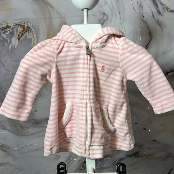 Ralph Lauren Baby Velour Hooded Zip Up Pink and White Stripe Size 3 months - Picture 1 of 7